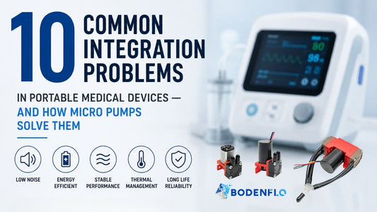 Portable medical device integration infographic showing common engineering challenges solved by low-noise and energy-efficient micro pumps