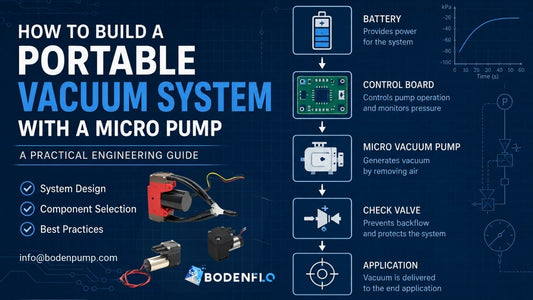 Portable vacuum system engineering diagram showing battery, control board, micro vacuum pump, and check valve configuration for battery-powered vacuum applications.