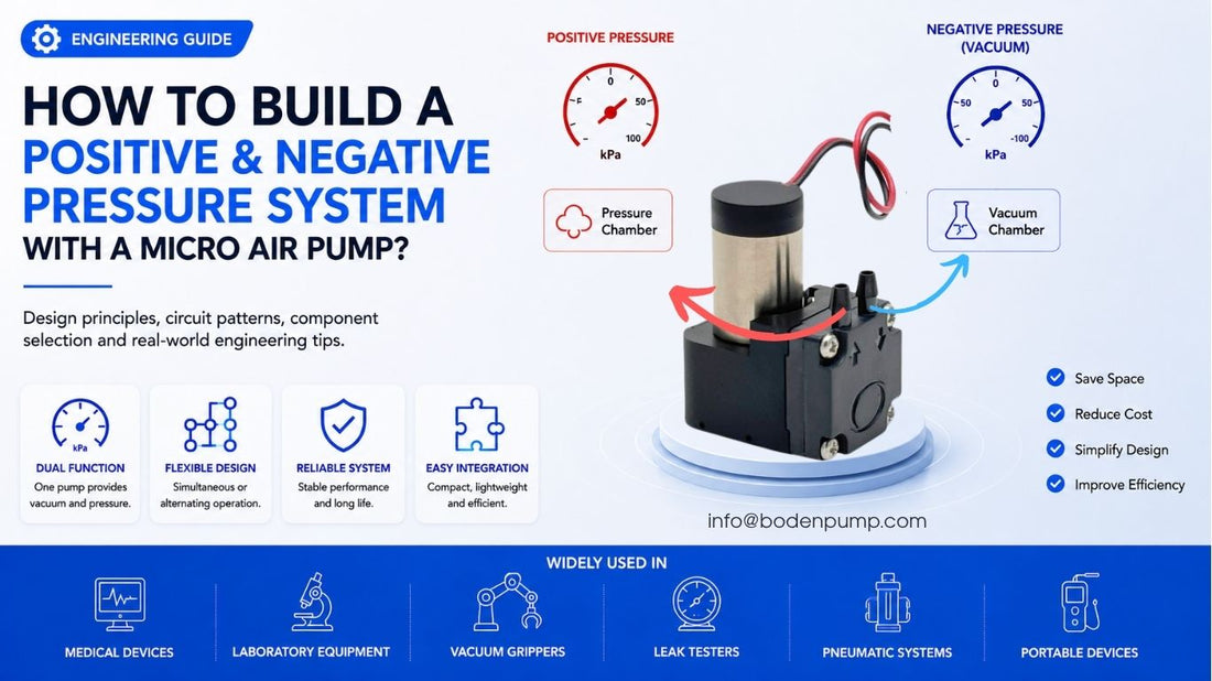 Positive and negative pressure system design with a micro air pump for vacuum and pressure control applications.