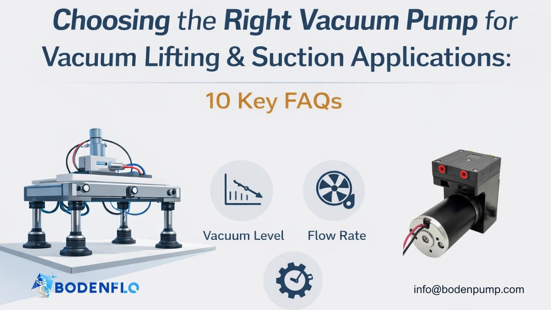 Vacuum lifting and suction pump FAQ cover image showing BODENFLO micro vacuum pump with vacuum lifting equipment illustration and performance icons.