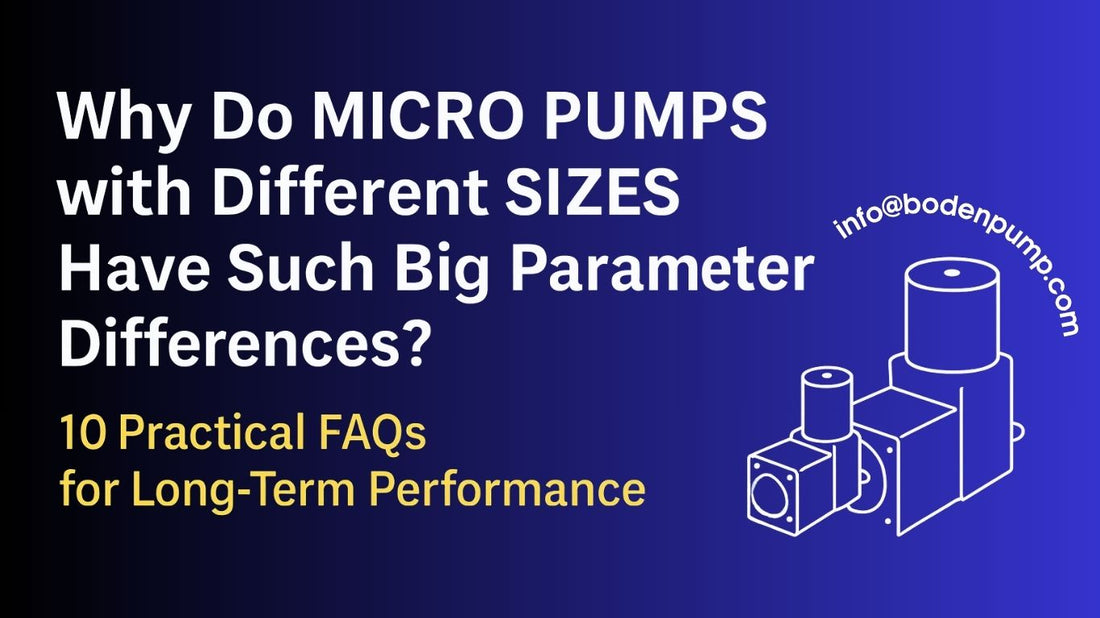 Modern B2B-style cover image showing the title “Why Do Micro Pumps with Different Sizes Have Such Big Parameter Differences?” with two outlined micro pumps of different sizes on a blue gradient background and the email info@bodenpump.com .