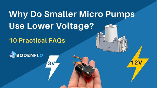 Modern B2B-style cover image showing the title “Why Do Micro Pumps with Different Sizes Have Such Big Parameter Differences?” with two outlined micro pumps of different sizes on a blue gradient background and the email info@bodenpump.com .