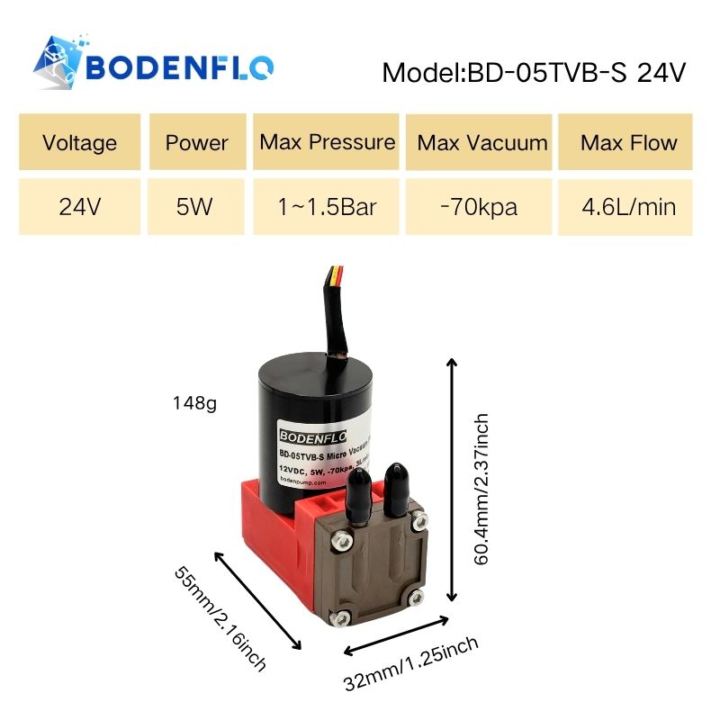Diaphragm brushless pump 24V micro vacuum pump specifications 5W 4.6LPM compact design BODENFLO BD-05TVB-S