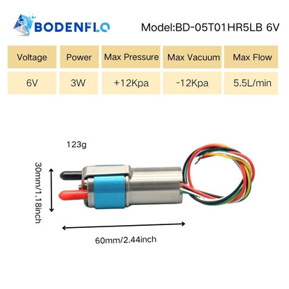 BD-05T01HR5LB 6V vacuum pump with 5.5 L/min flow, 12 kPa pressure and compact 60 mm body