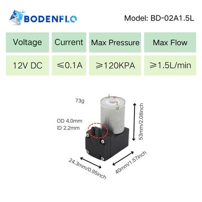 BD-02A1.5L micro air pump specifications - 24V, 0.1A, 120kPa pressure, 1.5L/min flow rate, compact design