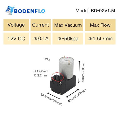 BD-02V1.5L vacuum pump specifications - 12V, 0.1A, -50kPa vacuum, 1.5L/min flow rate, compact size