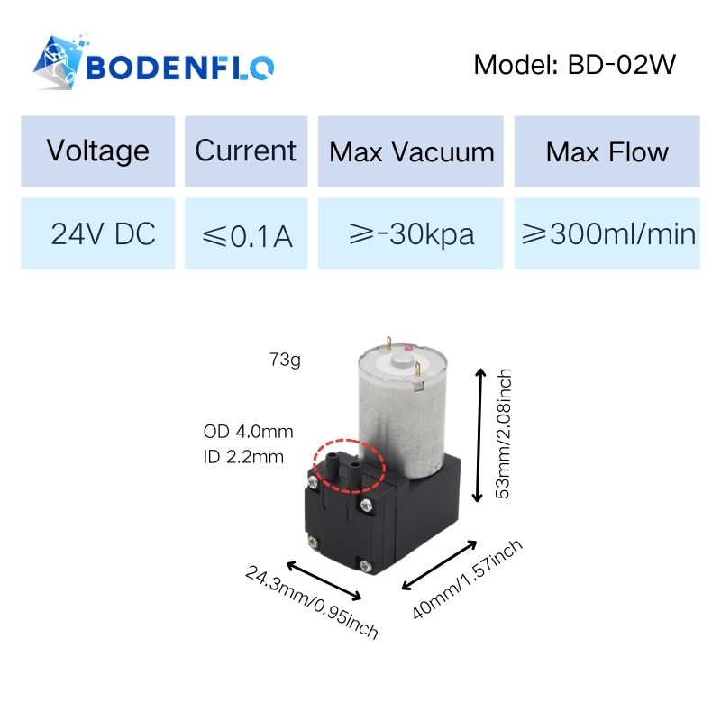 BD-02W 24V liquid diaphragm pump specifications - 0.1A, -30kPa vacuum, 300ml/min flow rate, compact design