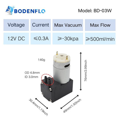 BD-03W5L Micro Liquid Pump: 12V DC, ≤0.3A, ≥-30 kPa, ≥500 ml/min, 76x49x30mm, 140g.