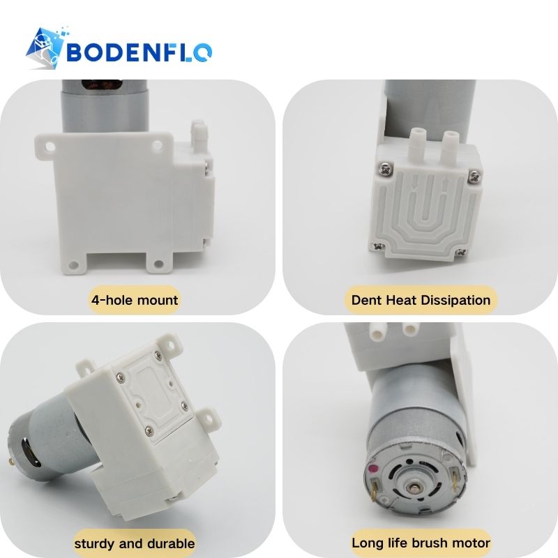 Four-angle view of BD-04A air pump, highlighting features such as 4-hole mounting, sturdy build, dented heat dissipation, and long-life brush motor.