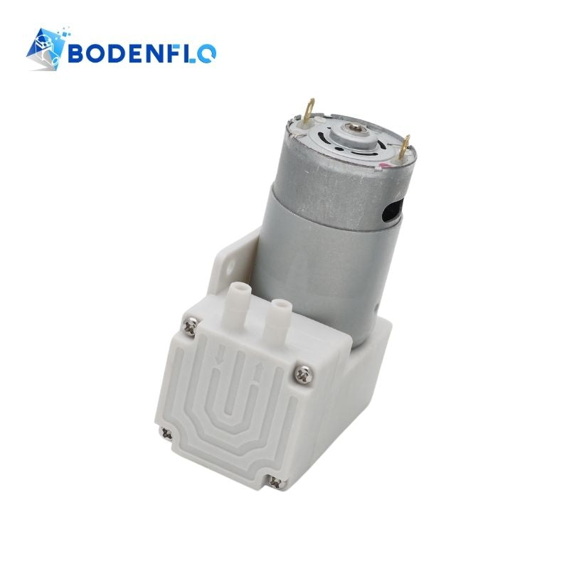 Side angle view of BD-04A micro diaphragm air pump, showcasing its compact and durable design.