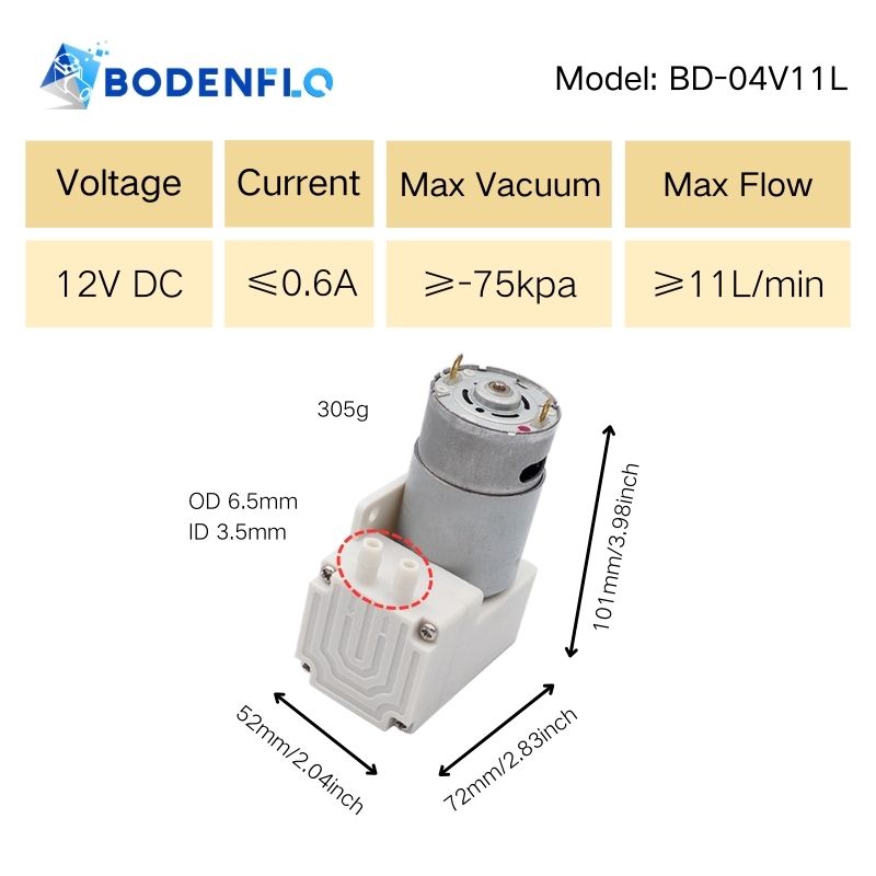 BD-04V11L Small Vacuum Pump Specifications - 12V, 0.6A, -75kPa,101x72x52mm