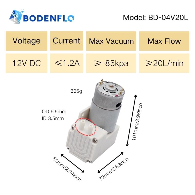 BD-04V20L Mini Diaphragm Vacuum Pump Specifications - 12V, 1.2A, -85kPa,101x72x52mm