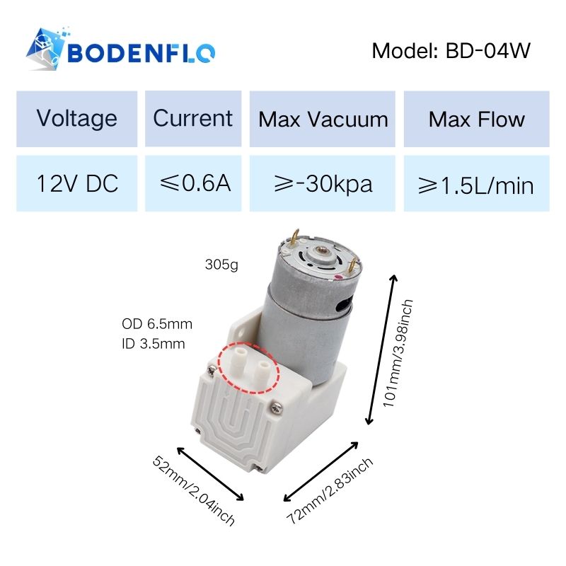 BD-04W Micro Diaphragm Liquid Pump specifications including 12V voltage, 0.6A current, -30 kPa vacuum, 1.5L/min flow rate, and dimensions 101x72x52mm.