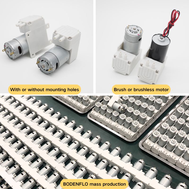 Multi-angle view of BD-04W liquid pump showcasing installation hole options, motor types (brush or brushless), and BODENFLO bulk production capability.