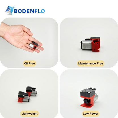 Multi-view of BD-05T02500 gas sample pump highlighting Oil-Free, Lightweight, Maintenance-Free, and Low Power features.