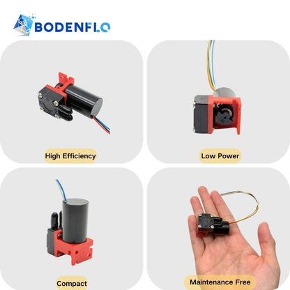 BD-05T02500B 5V gas sampling pump showcasing key features: High Efficiency, Compact Size, Low Power Consumption, and Maintenance-Free Operation.