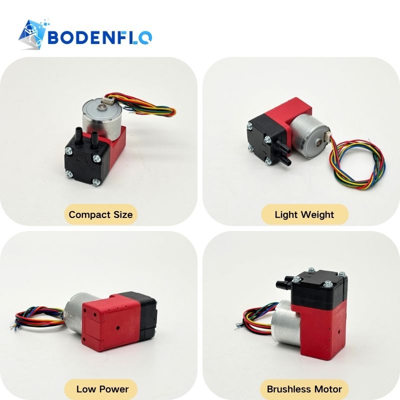 Multi-angle detail view of BD-05T033B mini diaphragm pump featuring compact size, low power, light weight, and brushless motor for long-lasting use
