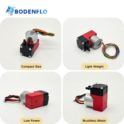 Multi-angle detail view of BD-05T033B mini diaphragm pump featuring compact size, low power, light weight, and brushless motor for long-lasting use