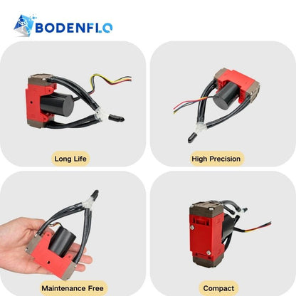 Multi-angle view of BD-05TVB vacuum pump featuring Long Life, Maintenance Free, High Precision, and Compact size.