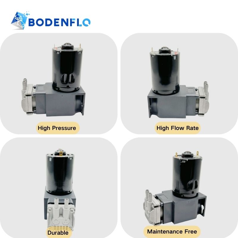 Multi-angle view of the BD-079A-M 12V air pump showing key features: high pressure, durable design, high flow rate, and maintenance-free performance.