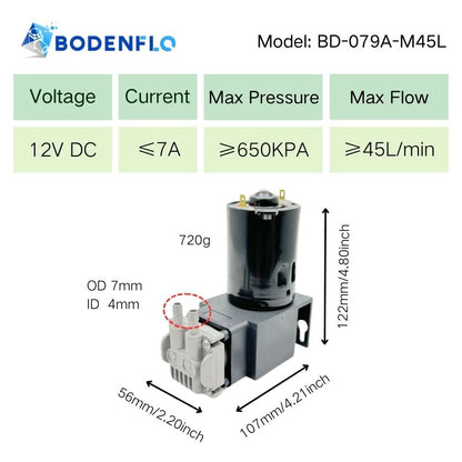 BD-079A-M45L 12V air pump with specifications: 650 kPa pressure, 45 L/min flow, compact size 122x107x56mm, 720g weight.