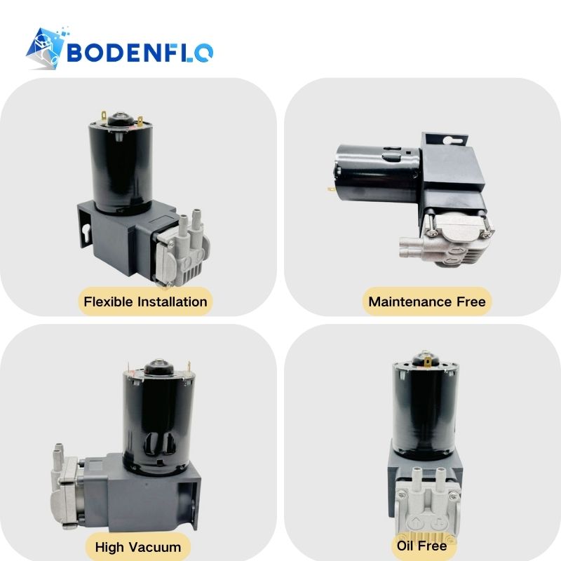 Multi-angle view of the BD-079V-M micro piston pump highlighting key features: flexible installation, high vacuum, oil-free operation, and maintenance-free design.