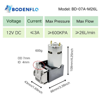 BD-07A-M26L 12V piston air pump with 600 kPa pressure, 26 L/min flow rate, dimensions 108x86x43mm, 600g weight