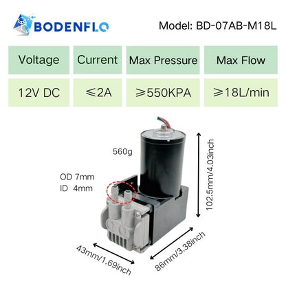 BD-07AB-M18L 12V brushless piston pump with 550 kPa pressure, 18 L/min flow rate, dimensions 102.5x86x43mm, weight 560g