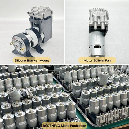 Multi-angle view of BD-07V-M series mini vacuum pump highlighting silicone bracket mount, built-in motor fan, and BODENFLO mass production quality