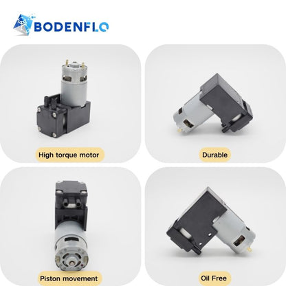 BD-07V vacuum pump multi-view image highlighting features: reliable output, PPS engineering plastic, high pressure, and high torque motor