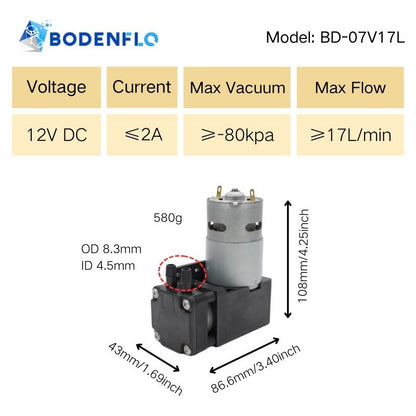 BD-07V17L 12V vacuum pump specifications: voltage 12V, current 2A, vacuum pressure -80kPa, flow rate 17L/min, dimensions 108x86.6x43mm, weight 580g