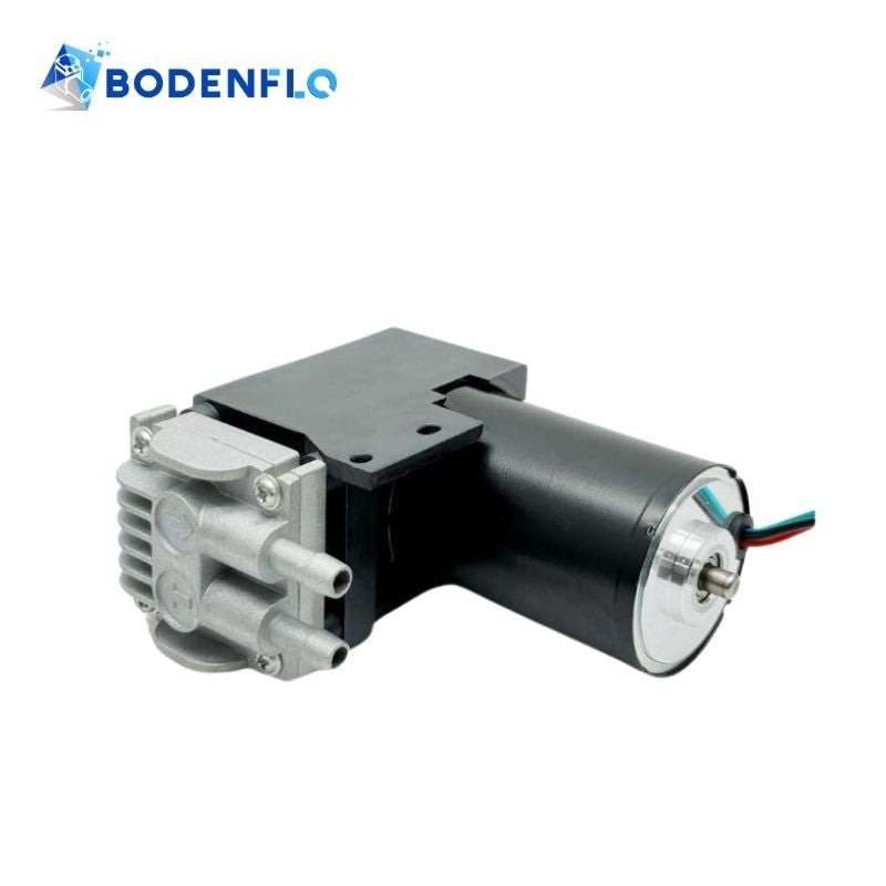 Angled view of the BD-07VB-M 12V mini vacuum pump showcasing its compact size and durable metal head construction.