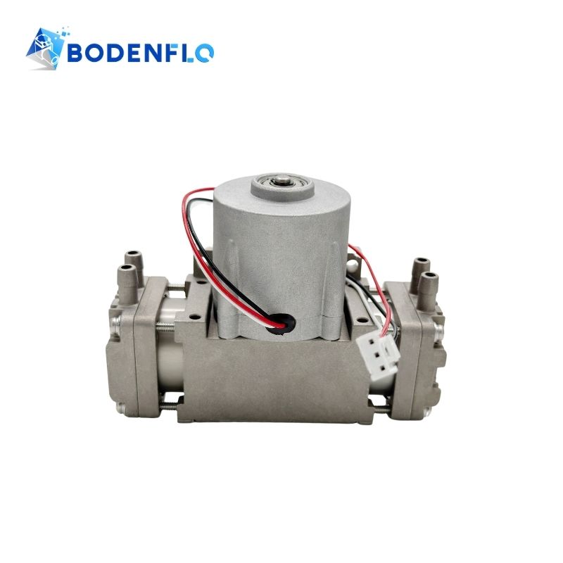 Side-angle view of the BD-08AB-D80L micro compressor pump showcasing durable construction and brushless motor.