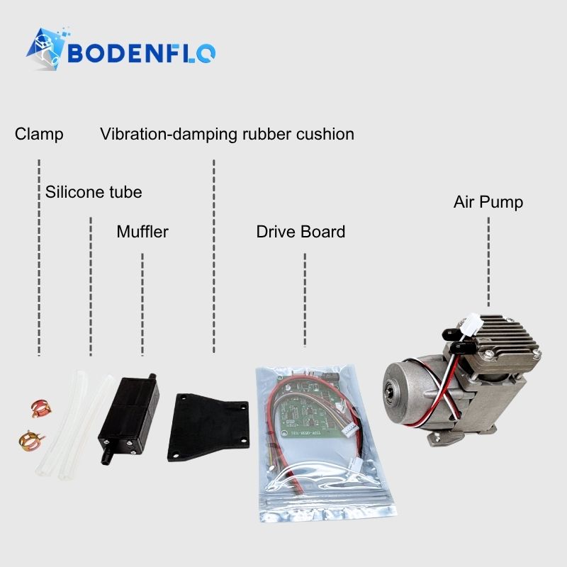 BD-08AB-S mini compressor accessories including clamps, silicone tubes, muffler, anti-vibration cushions, and driver board for easy installation