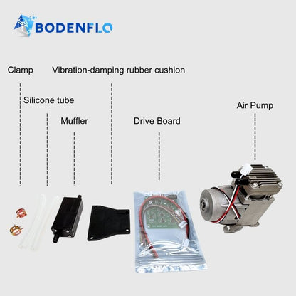 BD-08AB-S mini compressor accessories including clamps, silicone tubes, muffler, anti-vibration cushions, and driver board for easy installation