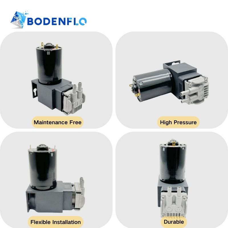 Multi-angle details of the BD-079V-M 24V air suction pump, highlighting features: maintenance-free, flexible installation, high pressure, and durable construction.