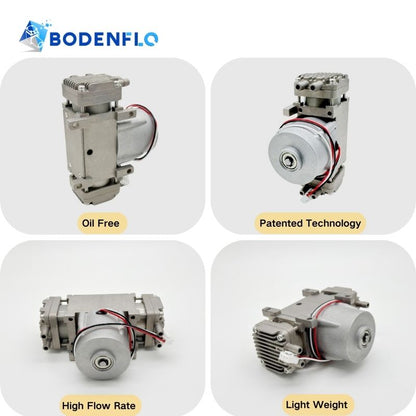 Multi-angle images of BD-08AB-D 24V micro compressor pump highlighting features: oil-free, high flow rate, patented technology, and lightweight.