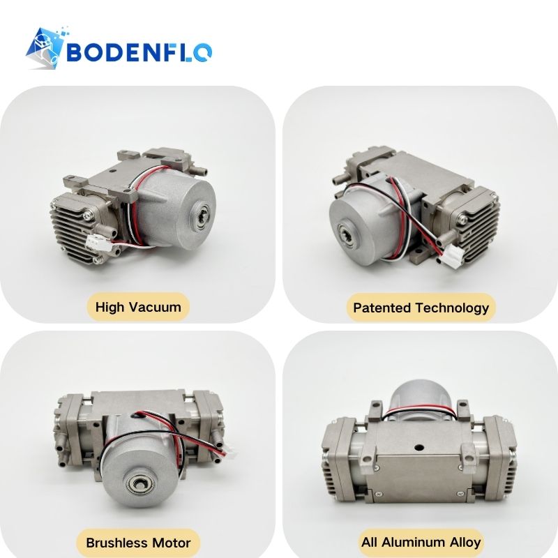 Multiple angles of the BD-08VB-D 24V vacuum pump, highlighting features: high vacuum, brushless motor, patented technology, and all-aluminum alloy construction.