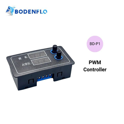 BODENFLO BD-P1 adjustable PWM controller with dual adjustment knobs and digital frequency and duty cycle displays for compatible DC pump systems