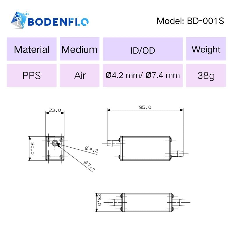 BD-001S air pump silencer dimension drawing showing 95 × 23 × 30 mm size, PPS material, 4.2 mm ID, 7.4 mm OD and 38 g weight