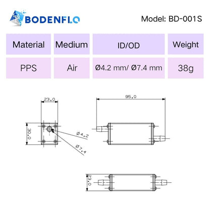 BD-001S air pump silencer dimension drawing showing 95 × 23 × 30 mm size, PPS material, 4.2 mm ID, 7.4 mm OD and 38 g weight