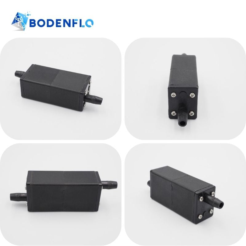BODENFLO BD-001S micro pump silencer shown in four views highlighting the rectangular housing, dual air ports and end connection details