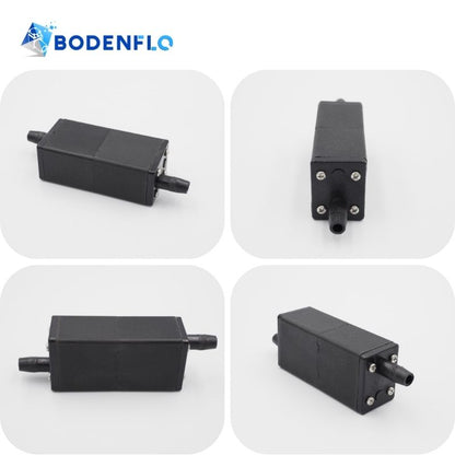 BODENFLO BD-001S micro pump silencer shown in four views highlighting the rectangular housing, dual air ports and end connection details