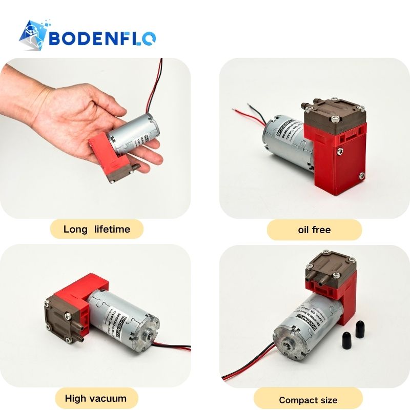 Multi-angle and detail view of the Air Sampling Pump with features: Maintenance Free, Lightweight, Low Power, Oil-free, ideal for gas sampling and laboratory instruments, BD-05T054.6L