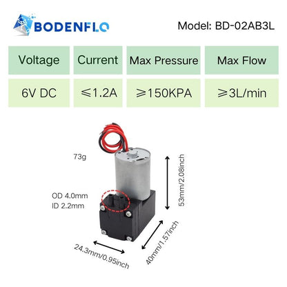 Specifications of BD-02AB Mini Gas Pump: Voltage 6V, Current 1.2A, Vacuum 150kPa, Flow 3L, Dimensions 53x40x24.3mm, Weight 73g