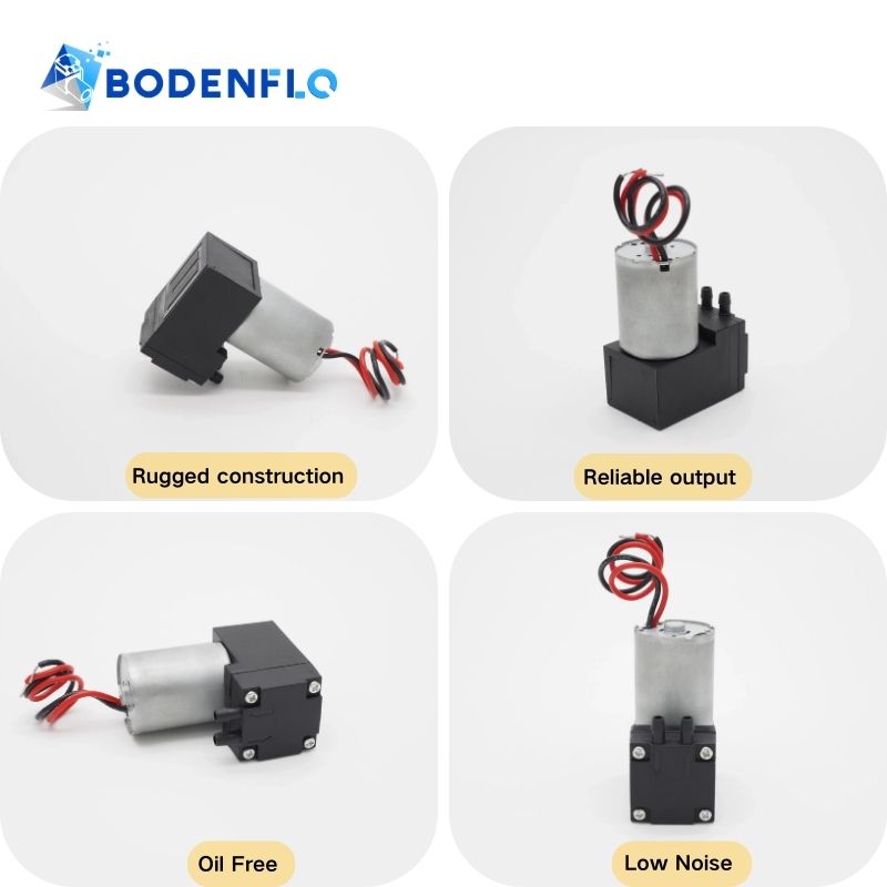 Features of BD-02AB Mini Gas Pump: Rugged construction, Oil Free, Reliable output, Low Noise