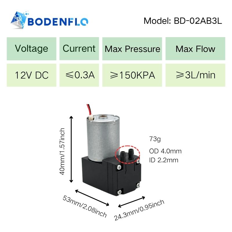 BD-02AB3L 12V air pump with 3 L/min flow 150 kPa pressure and compact 73 g design