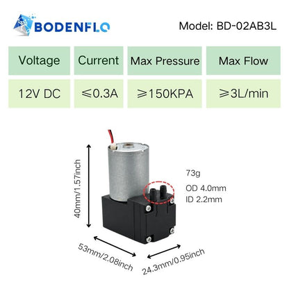 BD-02AB3L 12V air pump with 3 L/min flow 150 kPa pressure and compact 73 g design