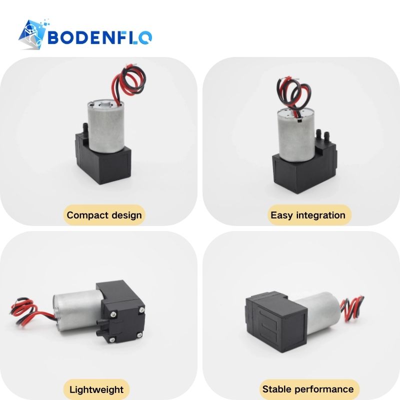 Multi-angle close-up of BD-02WB liquid pump, showcasing features like compact design, stable performance, easy integration, and lightweight build