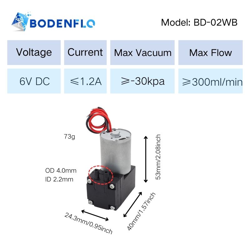 BD-02WB liquid pump specifications: 6V, 1.2A current, -30kPa vacuum, 300ml/min flow rate, compact 53x40x24.3mm design